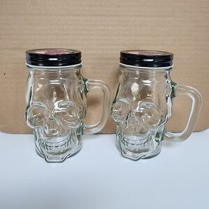 Clear Glass Skull Mason Mug with Black Lid - Set of 2